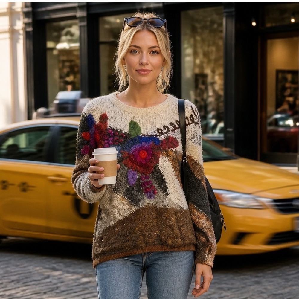 MarieaKim Vintage Floral Embroidered Mixed Texture Knit Sweater Brown Cream 0759